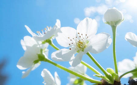 cherry blossom on blue sky background, spring time, soft focusの素材