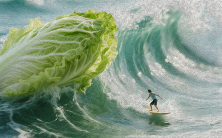 Surfer on a green leaf of lettuce floating in the ocean.の素材