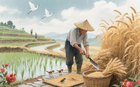 Vietnamese farmer working on rice field in the countryside of Vietnamの素材