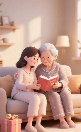 Grandmother and granddaughter reading a book together on sofa in living roomの素材