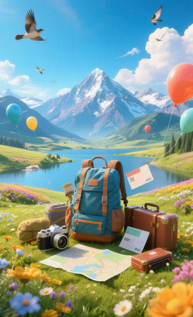 Traveler's equipment with mountains in the background. 3d renderingの素材
