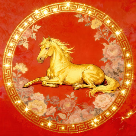 Chinese zodiac sign of the year of the horse, gold on a red backgroundの素材