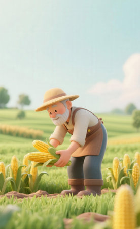 Miniature farmer with corncob in the field, agriculture conceptの素材