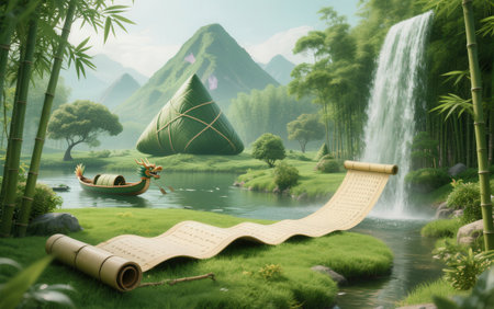 Fantasy landscape with bamboo rafts and mountain,3d renderingの素材