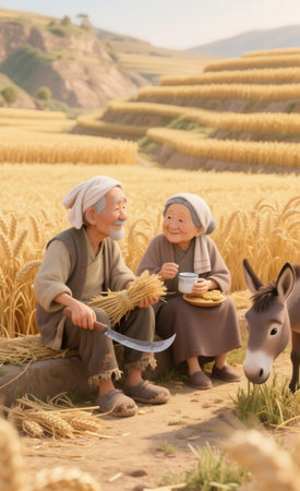 Elderly couple in wheat field with donkey and bread in the backgroundの素材