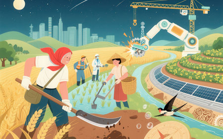 Smart factory, robotic arms and workers working on the farm. Vector illustrationの素材