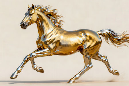 Golden horse on a white background. 3d rendering, 3d illustration.の素材