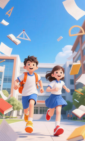 Cute asian boy and girl running in front of school building.の素材