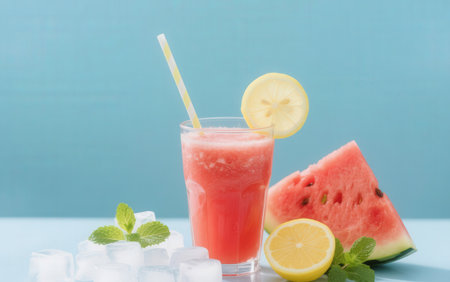 Watermelon smoothie with lemon, mint and ice on blue backgroundの素材