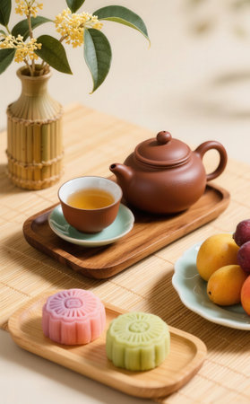 Mochi japanese dessert - Moon cake with hot teaの素材