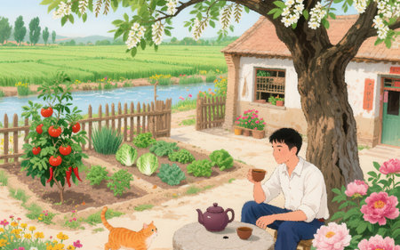Asian man drinking tea in the garden with a cat on the backgroundの素材