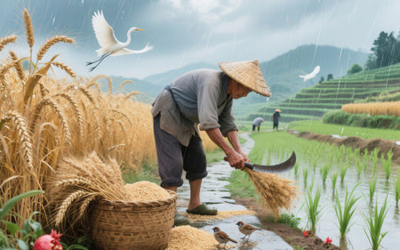 Vietnamese farmer working on rice field in the rainy season.の素材