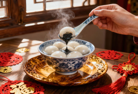 Traditional Chinese glutinous rice dumplings in a porcelain bowlの素材