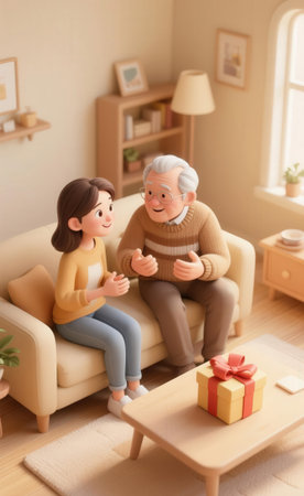 grandfather and granddaughter sitting on sofa and playing card game at homeの素材