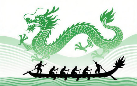 Dragon boat racing on the sea, chinese dragon vector illustration.の素材