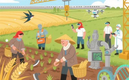 Farmer working on wheat field vector illustration. Flat cartoon farm worker, farmer and droneの素材