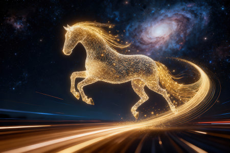 Horse on the road in space with lights and stars. 3D renderingの素材
