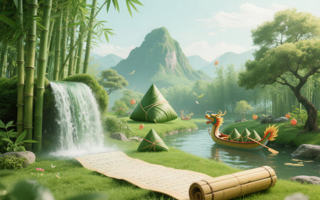 Bamboo rafts and bamboo raft in the jungle. 3d renderingの素材