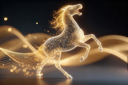 3d rendering of a golden horse on a dark background with particlesの素材