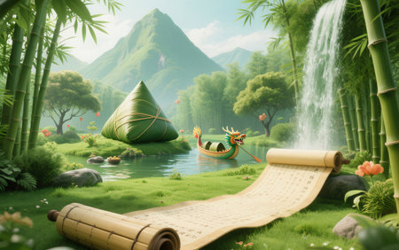 3d rendering of a bamboo raft in a bamboo forest with a mountain backgroundの素材