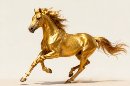 Horse with golden mane running on white background, studio shotの素材