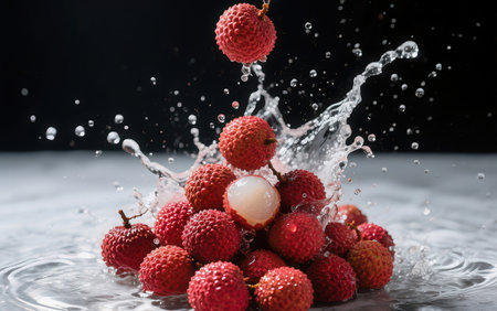 Fresh lychees falling into water with splash on black background.の素材