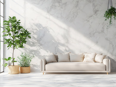 Interior of living room with white sofa and plant. 3d renderの素材