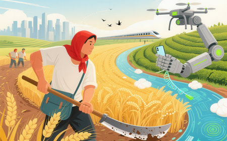 Farmer with drone in rice field. Agricultural industry. Vector illustrationの素材