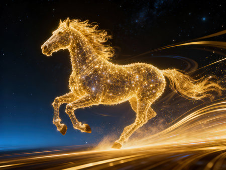Golden horse on a background of the night starry sky. 3d renderingの素材