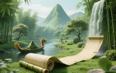 3d render of bamboo raft and bamboo boat in the jungle.の素材