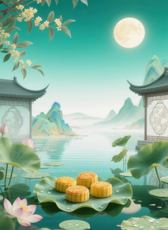Mooncake and Lotus flower in the pond,3d rendering.の素材
