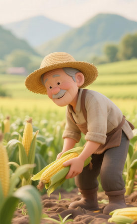 Happy asian farmer in corn field with smiling face and straw hatの素材