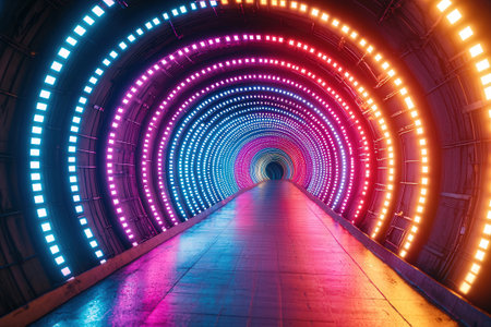 3d render of abstract tunnel with neon lights. Futuristic background.の素材
