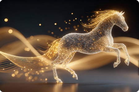 3d rendering of abstract golden horse on black background with flowing particlesの素材