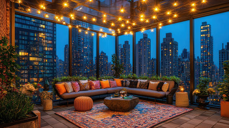 Luxury living room interior with night view of the city.の素材