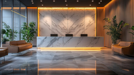 Interior of modern hotel reception hall with marble walls and tiled floor 3D renderingの素材