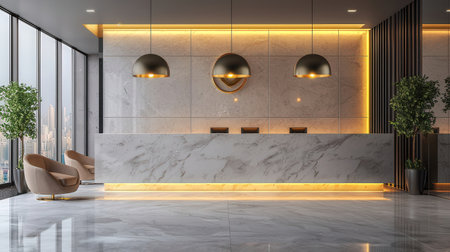 Modern reception counter in hotel lobby with white marble walls, concrete floor, panoramic windows and armchair. 3d renderingの素材