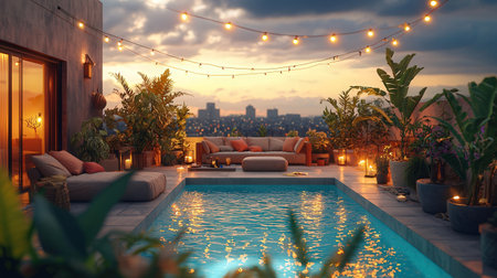 Swimming pool with view of the city. 3d rendering.の素材