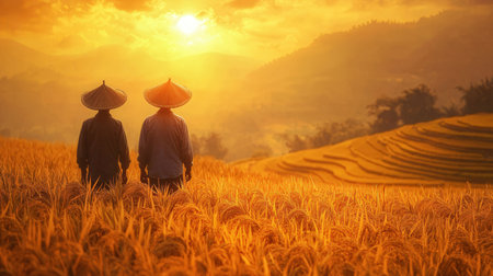 Rice farmers in the rice fields at sunset in Chiang Mai, Thailandの素材