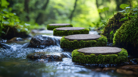 Wooden steps on mossy stones in the forest stream, selective focusの素材