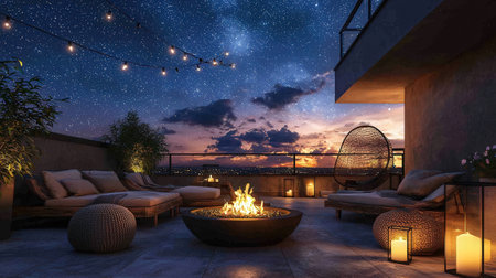 outdoor patio with a fire in the night. 3d renderingの素材