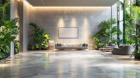 Modern living room with white marble walls, concrete floor, comfortable sofa and green plants. 3d rendering mock upの素材