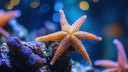 Starfish on coral reef with bokeh background, shallow depth of fieldの素材