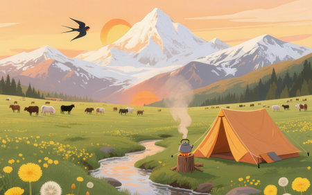 camping on the meadow in the mountains. vector illustration.の素材
