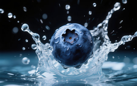 Blueberry splashing into water, isolated on black background, macroの素材