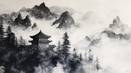 Landscape of chinese temple in foggy mountains. Digital paintingの素材