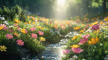 Flower garden with sun light and bokeh, nature backgroundの素材