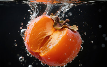 Fresh ripe persimmon falling into water with bubbles on black backgroundの素材
