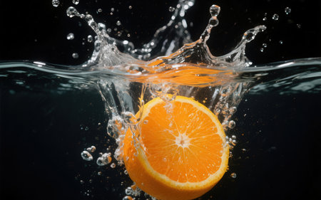 Orange dropped into water with splash on black background, fresh fruit conceptの素材