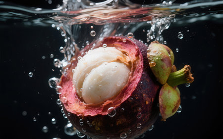 Mangosteen fruit falling into water with splash on black backgroundの素材